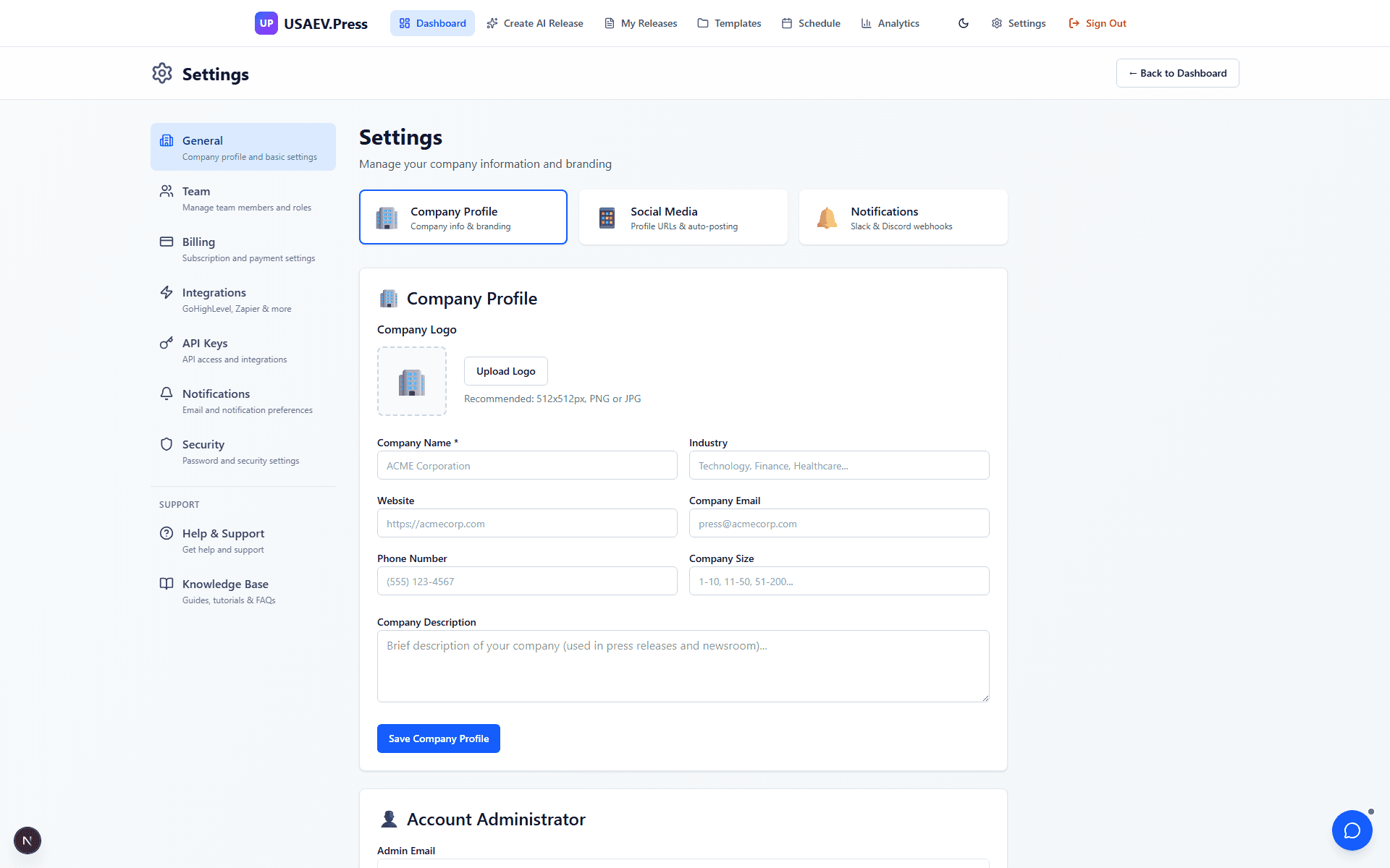 Company Profile Setup